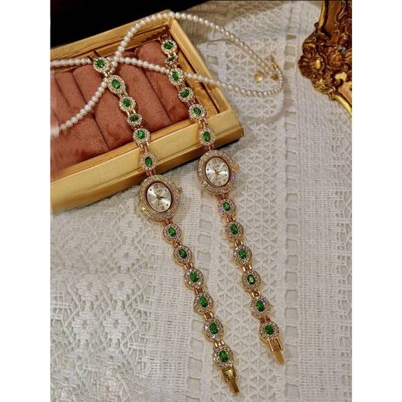 Women’s Gold And Green Crystal Vintage Luxury Oval Watch